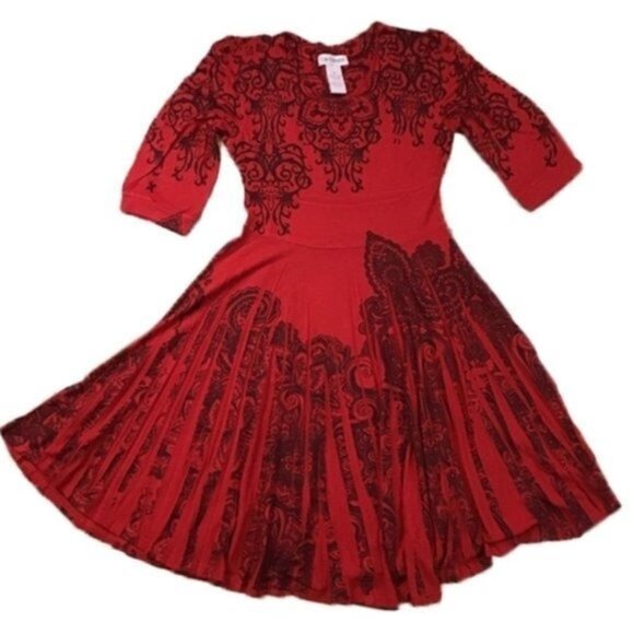 A-Line Midi Dress 3X Red Knit Black Flourish Print Pleats Elbow Sleeves Paragon - Picture 1 of 9